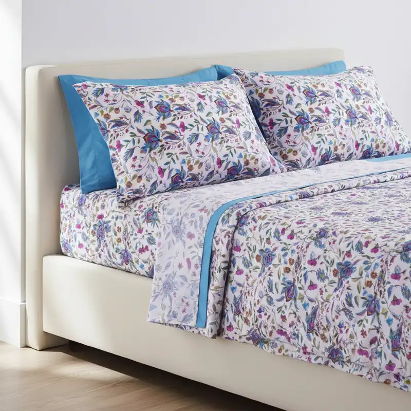 Lenzuola Matrimoniali completo 100% Cotone NOOR | Floreale Turchese