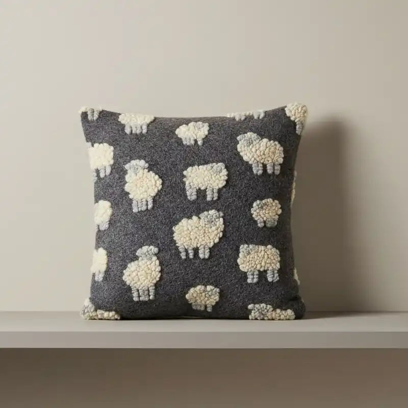 Cuscino in Lana Cotta 50x50 Pecorelle su Fondo Antracite Stile Chalet