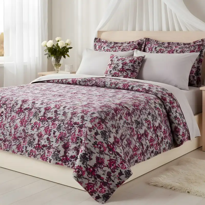 Coperta matrimoniale Lana Cotta floreale porpora fondo grigio 250x205