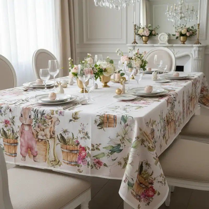 Tovaglia Pasquale x6 Sula rettangolare 140x180 cm | Fiori e Coniglietti