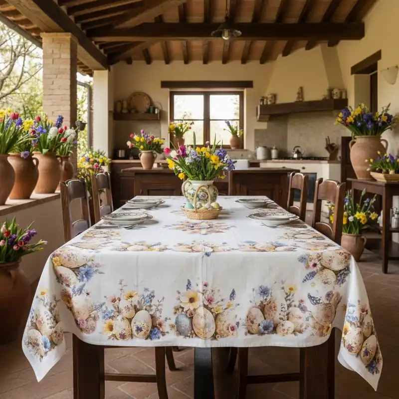 Tovaglia PASQUALE in puro cotone rettangolare Flowery Easter Eggs