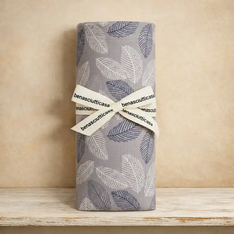 Completo Lenzuola Matrimoniali Morbido Cotone Foliage grigio-blu