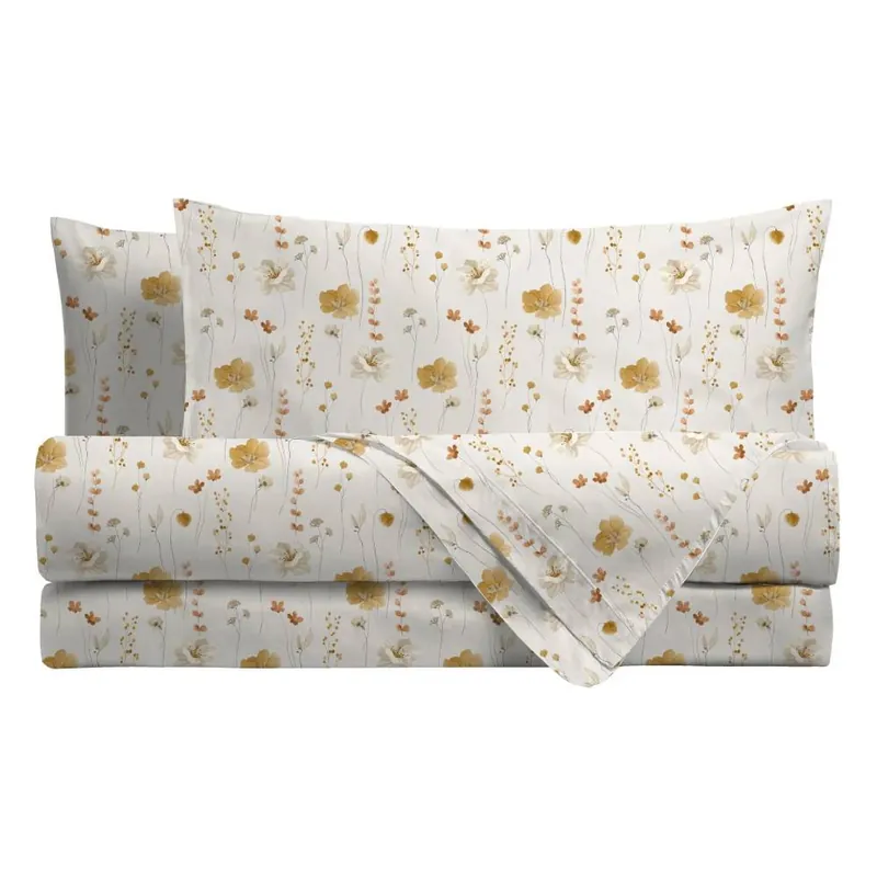Completo lenzuola matrimoniale in cotone MARIBEL beige a fiorellini