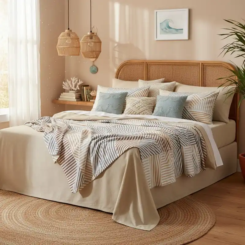 Lenzuola matrimoniali in cotone RAMSEY beige fantasia geometrica