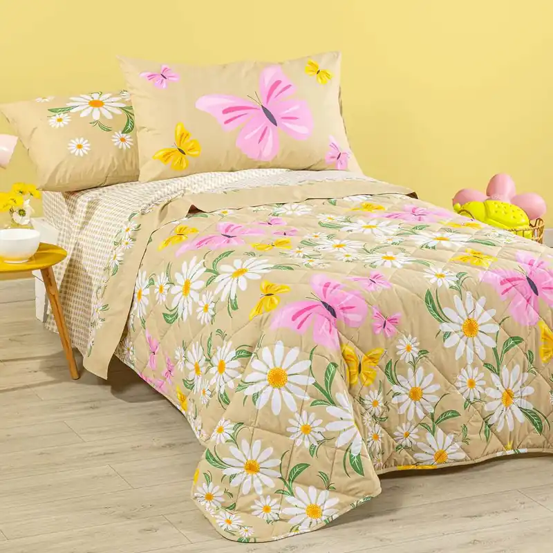 Copriletto Mezza Stagione Caleffi Margherite - Singolo Cotone beige