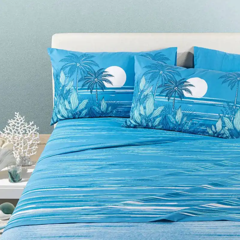 Lenzuola matrimoniale Caleffi Palm Spring bluette | Stampa Esotica