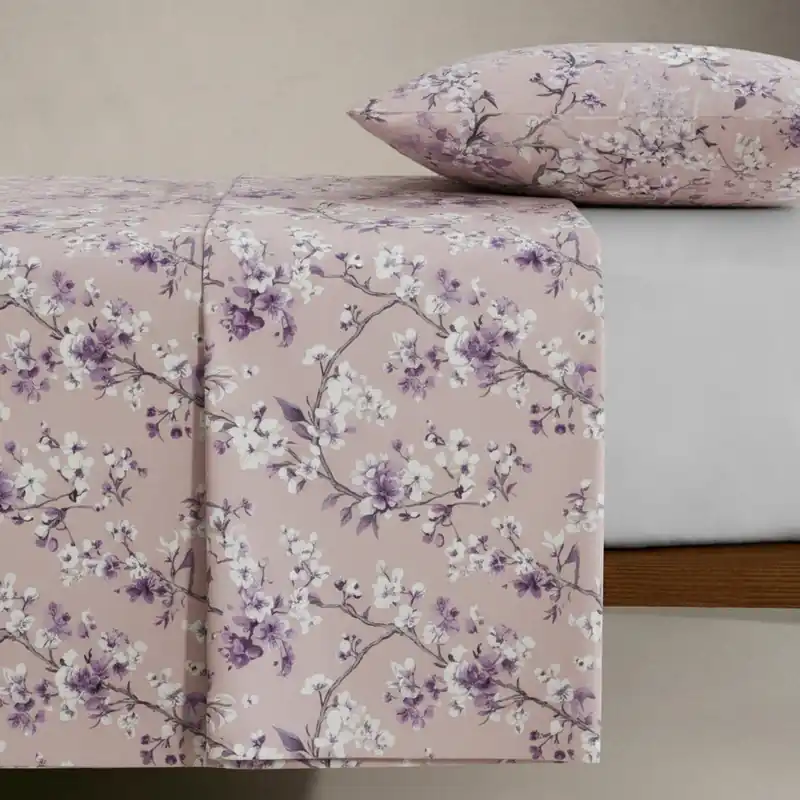 Lenzuola-copriletto matrimoniali MIRABELLO percalle Blossom Peach lilla