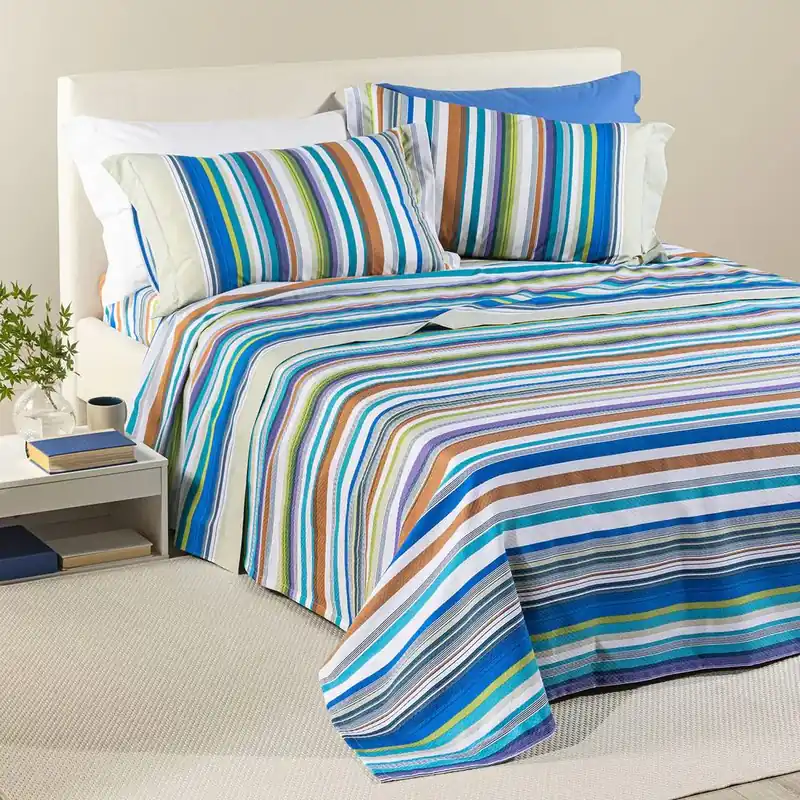 Copriletto matrimoniale in cotone piquet Caleffi Bristol righe blu
