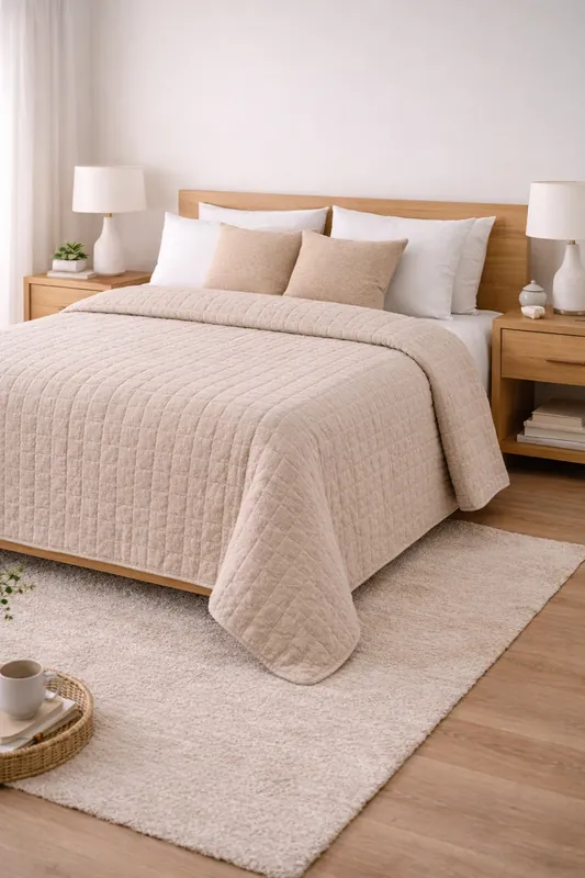 Copriletto Trapuntato Matrimoniale 260x260 Beige Effetto Lino Soft Touch