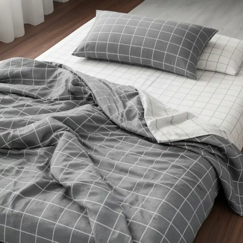 Lenzuola Singole a Quadri in cotone grigio - Effetto Copriletto Moderno
