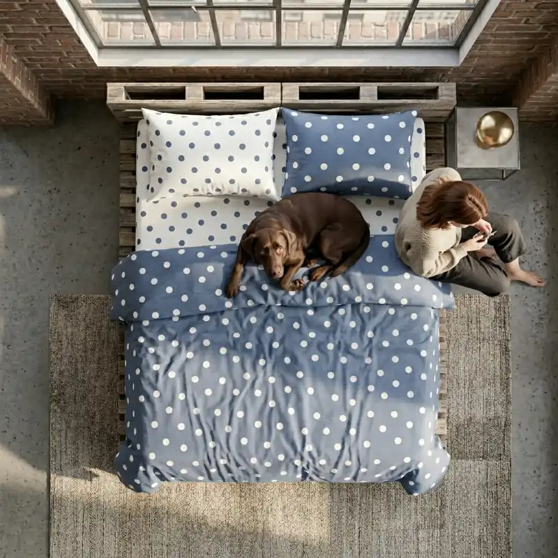 Lenzuola-Copriletto Singolo a Pois avio | Design 2 in 1 in puro cotone