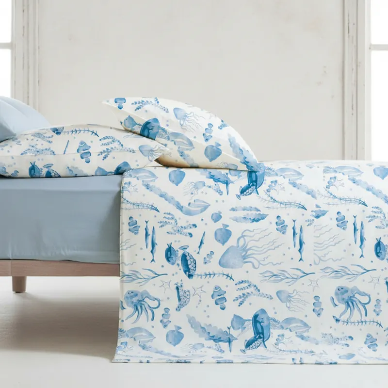Lenzuola-copriletto matrimoniali pesci e coralli marina azzurro blu
