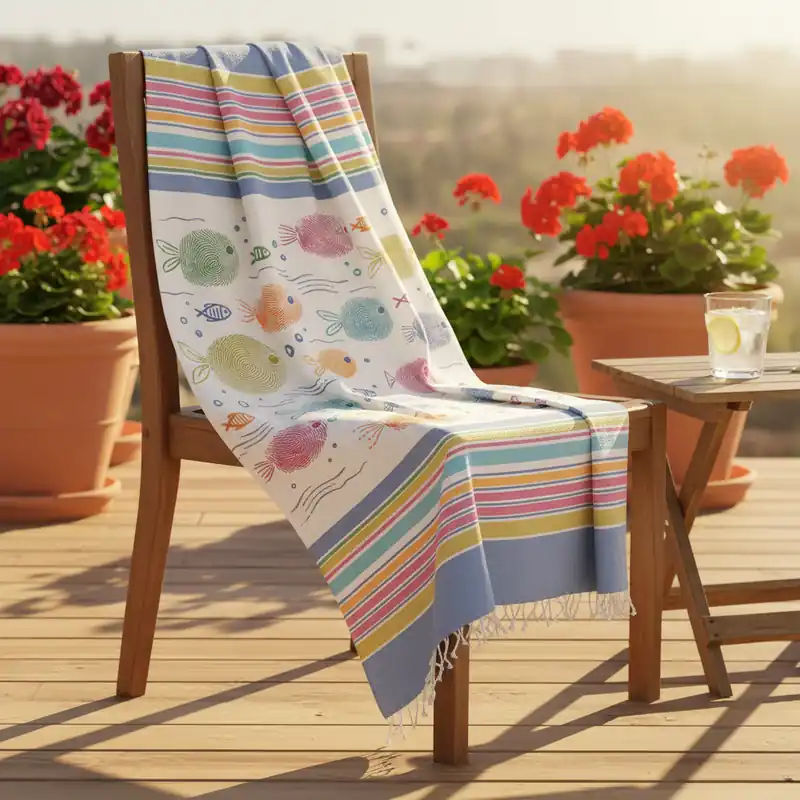 Telo Mare in Cotone Fouta spiaggia con Frange 100x200 cm Pesci Impronte