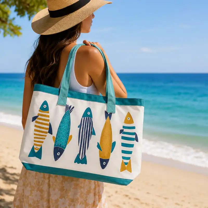 Borsa da spiaggia impermeabile con cerniera fantasia pesci turchese