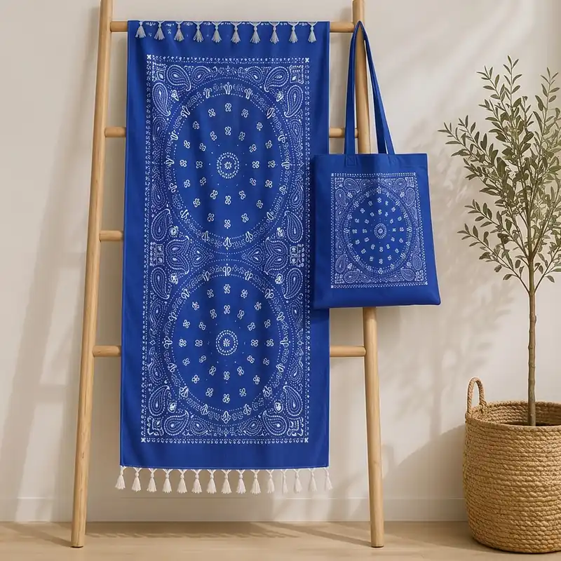 Set Telo Mare Fouta con Frange + borsa in tessuto abbinata blu