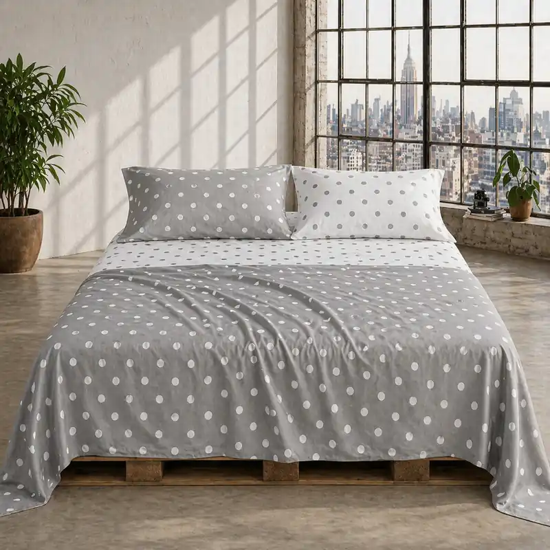 Lenzuola-copriletto piazza e mezza 100% cotone | Pois grigio