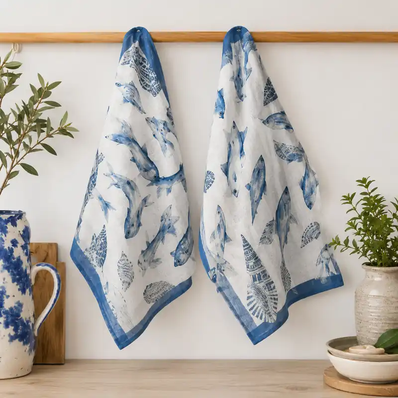 Coppia strofinacci da cucina Malè 100% cotone fantasia marina blu