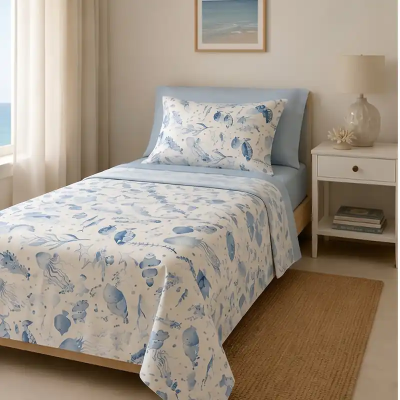Completo Lenzuola singole 100% cotone Fantasia Marina blu