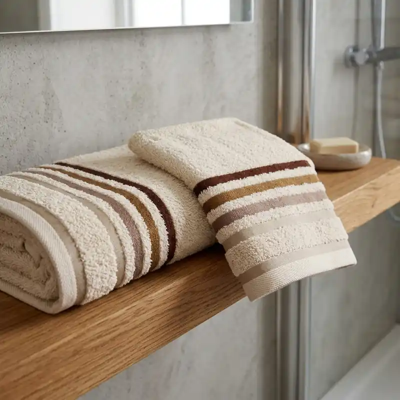 Set asciugamani viso 60x110 e ospite 40x60 beige con bordino multicolore