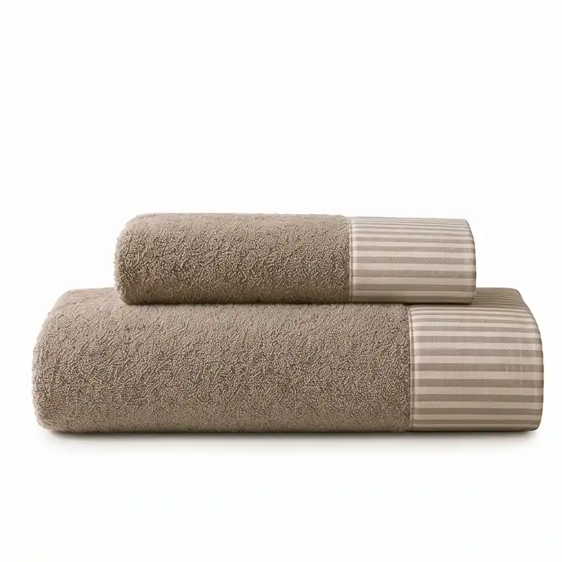Set Asciugamani Viso + Ospite Tortora con bordo applicato a righe