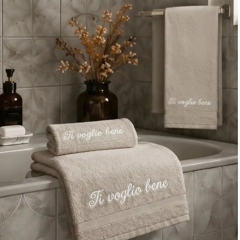 Set viso e ospite 100% Cotone grigio con bordo e ricamo Ti Voglio Bene