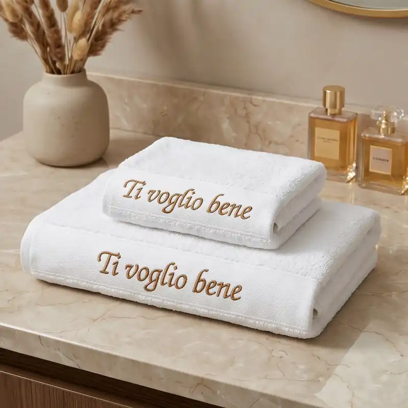 Set Asciugamani Bianco ricamato Ti Voglio Bene 50x100 e 40x55 cm
