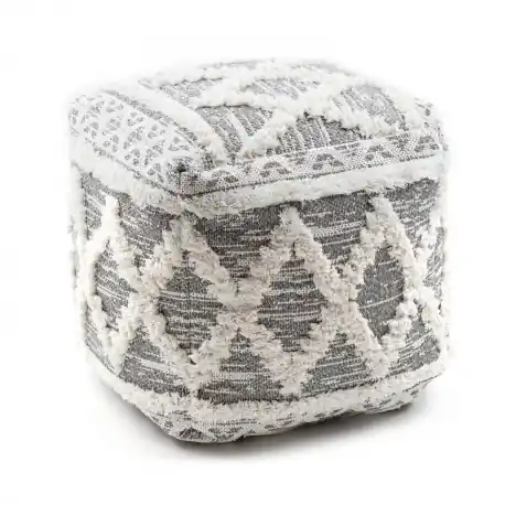 Puff Quadrato 50 x 50 x 50 cm Boho, rombi 22297 poggiapiedi, sedile di lana antracite / crema