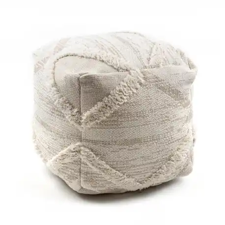 Puff Quadrato 50 x 50 x 50 cm Boho, rombi, linee 22314 poggiapiedi, sedile di lana beige / crema