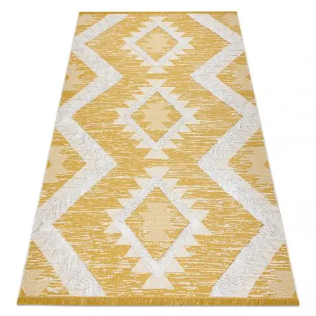 Tappeto ECO SIZAL BOHO MOROC Quadri 22312 frange - due livelli di pile giallo / crema, tappeto in cotone riciclato