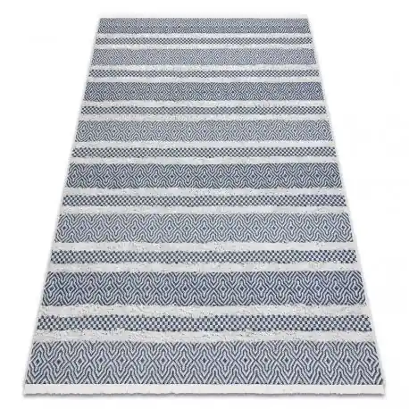 Tappeto ECO SIZAL BOHO MOROC Linee 22328 franges - due livelli di pile crema / blu scuro, tappeto in cotone riciclato