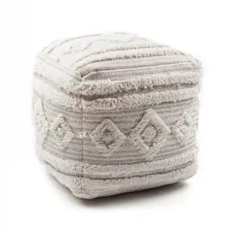 Puff Quadrato 50 x 50 x 50 cm Boho, rombi, linee 22322 poggiapiedi, sedile di lana beige / crema