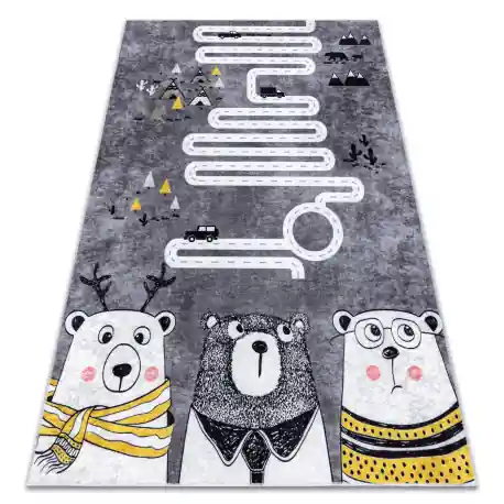 Tappeto lavabile JUNIOR 52107.801 Orsi, animali, strade per bambini antiscivolo - grigio