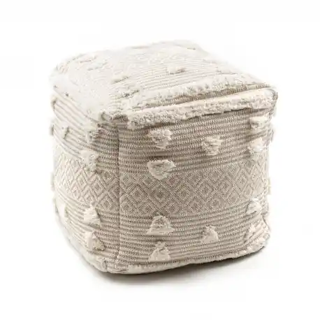 Puff Quadrato 50 x 50 x 50 cm Boho, zigzag 22321 poggiapiedi, sedile di lana beige / crema