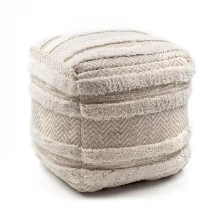 Puff Quadrato 50 x 50 x 50 cm Boho, zigzag, linee 22329 poggiapiedi, sedile di lana beige / crema