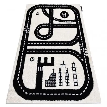 Tappeto moderno per bambini JOY City, Città, strade per bambini - strutturale a due livelli di pile crema / nero