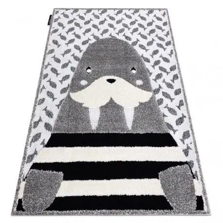Tappeto moderno per bambini JOY Walrus, Tricheco - strutturale a due livelli di pile grigio / crema