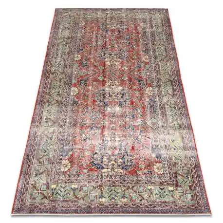 Tappeto in lana ANNODATO A MANO Vintage 10267, cornice, fiori - rosso / verde