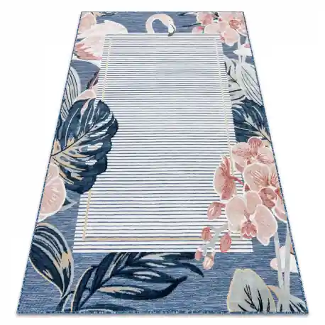 Tappeto strutturale BOTANIC 65240 Fenicottero, foglie piatto sul balcone, terrazzo - blu scuro