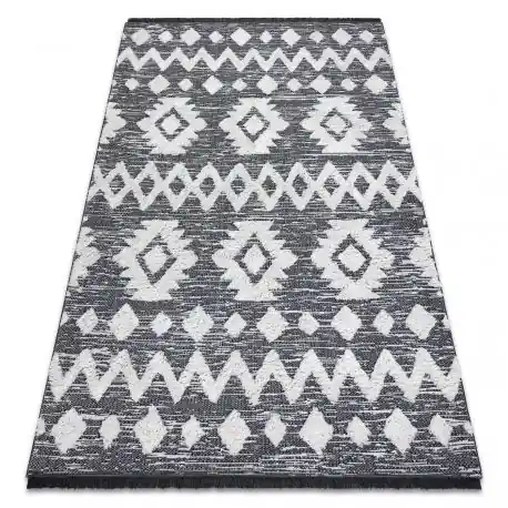 Tappeto ECO SIZAL BOHO MOROC Etno Zigzag 22319 frange - due livelli di pile grigio / crema, tappeto in cotone riciclato