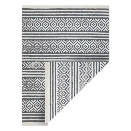 Tappeto TWIN 22996 geometrica, strisce cotone, bifacciale, Frange ecologiche - antracite / crema