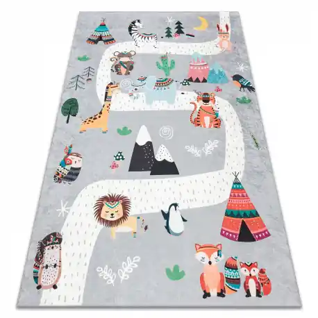 BAMBINO 2160 tappeto lavabile Strade, villaggio indiano, animali per bambini, antiscivolo - grijs
