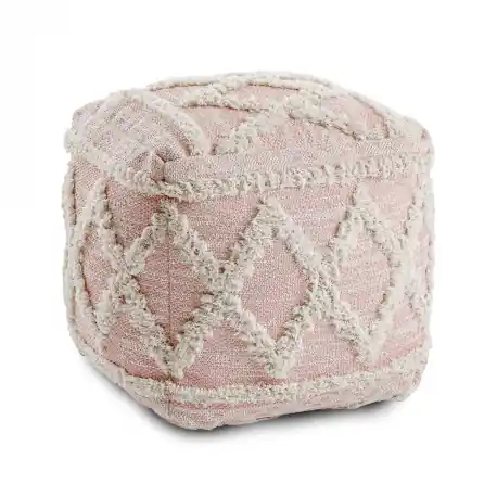 Puff Quadrato 50 x 50 x 50 cm Boho, rombi 22297 poggiapiedi, sedile di lana rosa / crema