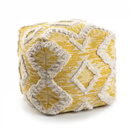 Puff Quadrato 50 x 50 x 50 cm Boho, rombi 22312 poggiapiedi, sedile di lana giallo / crema