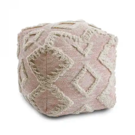 Puff Quadrato 50 x 50 x 50 cm Boho, rombi 22312 poggiapiedi, sedile di lana rosa / crema
