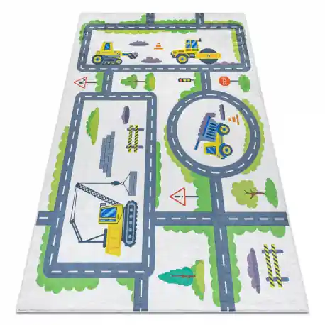 Tappeto lavabile BAMBINO 2338 Escavatore, strade per bambini antiscivolo - bianca / verde