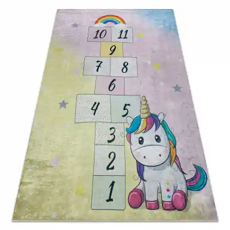 Tappeto lavabile BAMBINO 54060 Unicorno, numeri per bambini antiscivolo - rosa / giallo