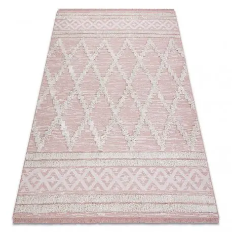 Tappeto ECO SIZAL BOHO MOROC Diamants 22297 franges - due livelli di pile rosa / crema, tappeto in cotone riciclato