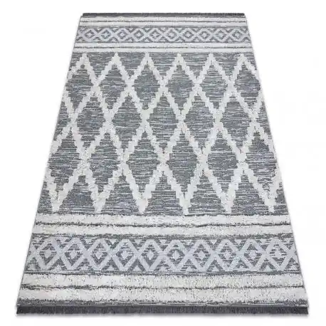 Tappeto ECO SIZAL BOHO MOROC Diamants 22297 franges - due livelli di pile grigio / crema, tappeto in cotone riciclato