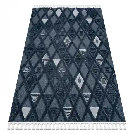 Tappeto SEVILLA Y499B traliccio, diamanti blu Frange berbero marocchino shaggy