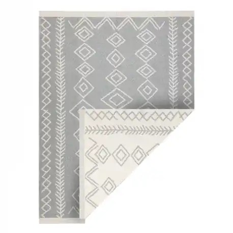 Tappeto TWIN 23000 Boho, cotone, bifacciale, rombi Frange ecologiche - grigio / crema